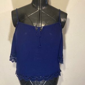 100% Rayon Blue Cold-Shoulder Crochet Trim Tank Top Medium
